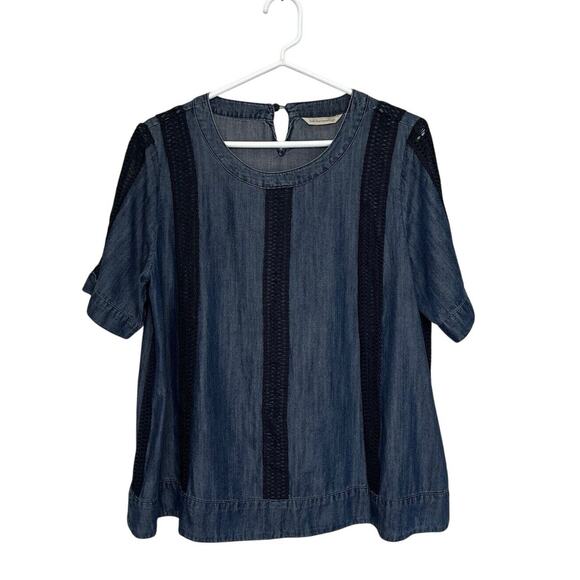 Soft Surroundings | Lapiza Crochet Stripe Chambray Top Dark Wash Blue Medium - Picture 1 of 8